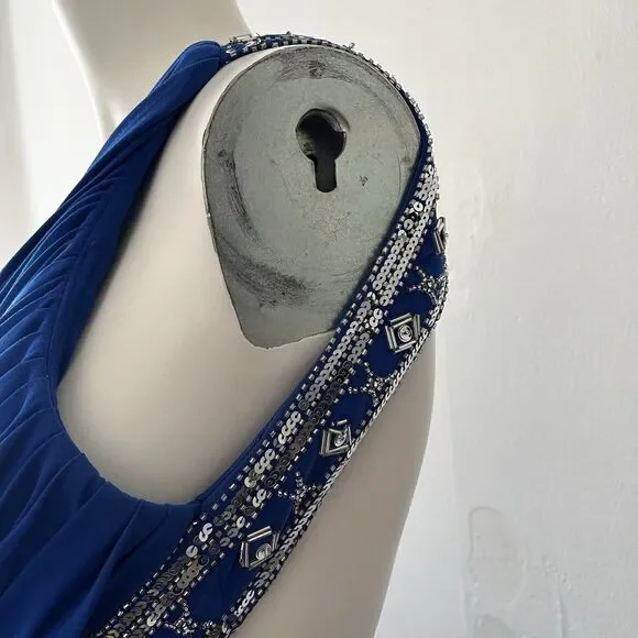 Betsy And Adam Beaded One Shoulder Floor Length Dress Gown 4 Blue Winter Holiday - Picture 8 of 13